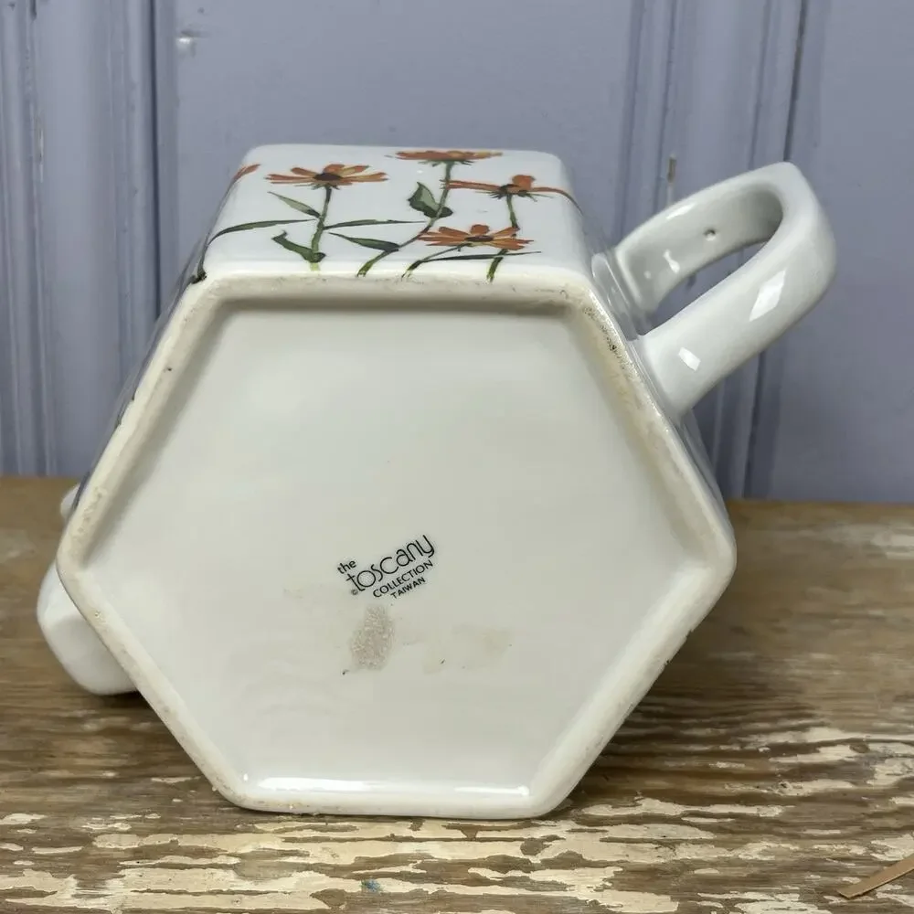 Vintage Toscany Floral Hexagon Teapot Cottagecore Black Eyed Susan Taiwan Flower